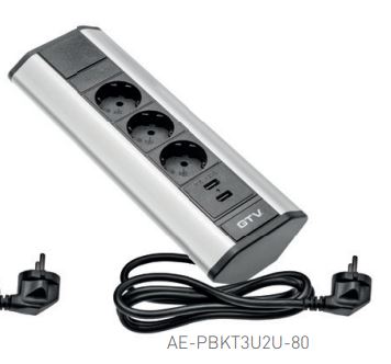 AE-PBKT3S2U-80 Table extension (into corner) 3 x sockets 2xUSB 2.1A 5V, with power cord 2m and plug,